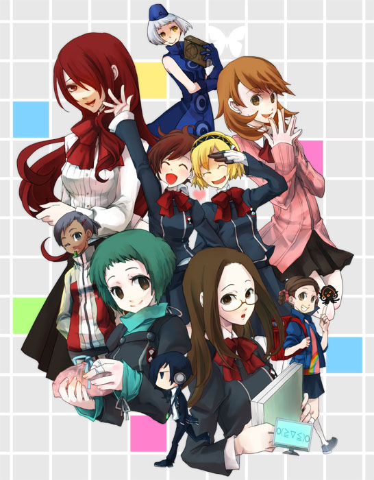 aqua_hair arisato_minato bare_shoulders black_legwear blonde_hair blue_eyes blue_hair book bow brown_hair chibi child closed_eyes digital_media_player dress elizabeth elizabeth_(persona) eyes_closed female_protagonist_(persona_3) fushimi_chihiro glasses hair_over_one_eye hat headphones kirijou_mitsuru long_hair maiko maiko_(persona_3) multiple_girls nishiwaki_yuko nishiwaki_yuuko pantyhose persona persona_3 persona_3_portable red_hair redhead ribbon school_uniform schoool_uniform short_hair sleeveless sleeveless_dress smile sorakara takeba_yukari wink yamagishi_fuuka