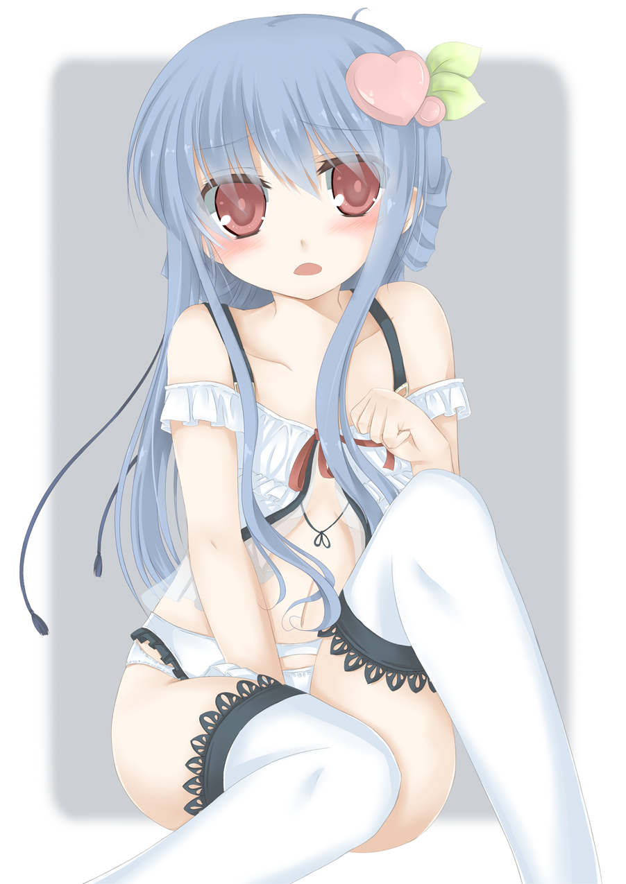 babydoll bad_id blue_hair breasts garter_belt highres hinanawi_tenshi kaguyuu long_hair panties red_eyes solo thighhighs touhou underwear underwear_only white_legwear white_panties white_thighhighs