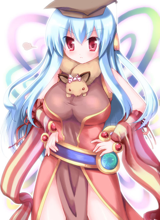 blue_hair blush breasts cosplay hands_on_hips hat hizukiryou kamishirasawa_keine large_breasts long_hair professor_(ragnarok_online) ragnarok_online red_eyes solo touhou