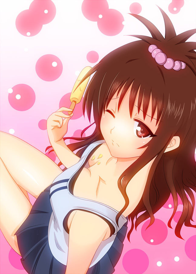 breasts brown_hair down_blouse food from_above hair_ornament hisukoha-kei long_hair red_eyes solo to_love-ru toloveru wink yuuki_mikan