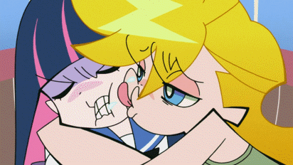 2girls animated animated_gif blonde_hair blue_eyes blue_hair gif licking lowres multicolored_hair multiple_girls panty_&amp;_stocking_with_garterbelt panty_(character) panty_(psg) stocking_(character) stocking_(psg)