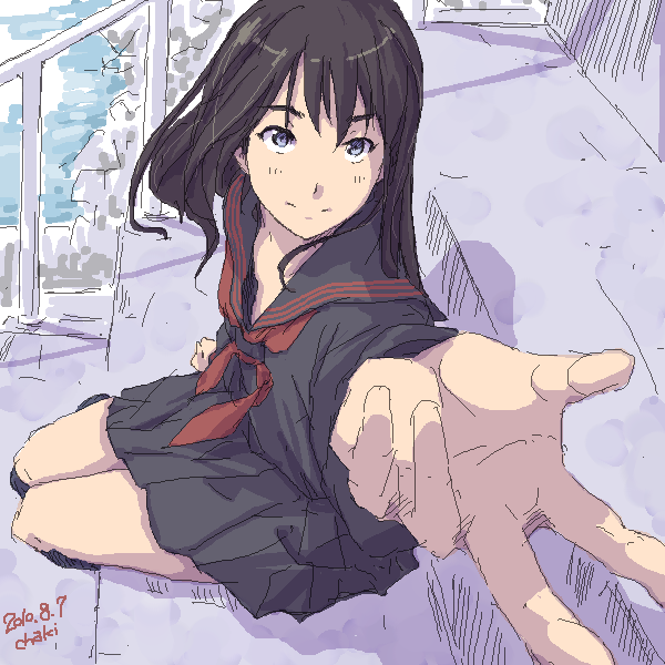 black_hair chaki_(imachakin) face foreshortening hands long_hair oekaki original reaching school_uniform serafuku sitting solo stairs upturned_eyes