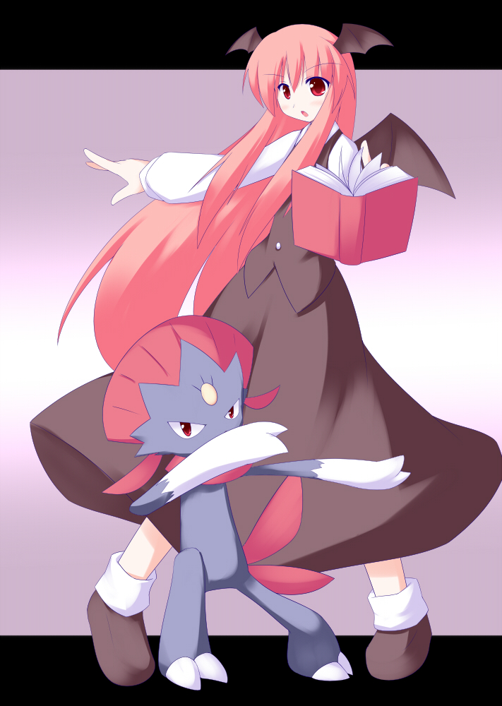 1girl book crossover dress head_wings koakuma long_hair miyo_(miyomiyo01) open_mouth pokemon pokemon_(creature) red_eyes red_hair redhead touhou weavile wings