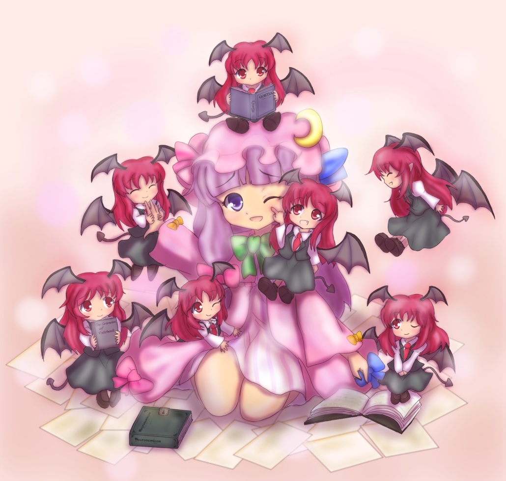 :d ;d ^_^ bat_wings blush book cheek_poke chibi chibi_on_head clone closed_eyes crescent crescent_moon demon_tail dress dress_shirt happy hat head_wings koakuma long_hair low_wings multiple_girls multiple_persona necktie necronomicon object_on_head open_book open_mouth paper patchouli_knowledge person_on_head poking purple_dress purple_eyes purple_hair reading red_eyes red_hair redhead sasshi sasshii shirt shoes simple_background skirt skirt_set smile striped striped_dress tail the_embodiment_of_scarlet_devil touhou v_arms vertical_stripes vest violet_eyes wings wink