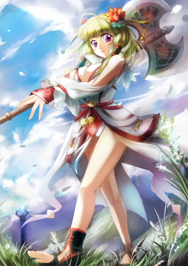 1girl arm_cutout armor axe bad_id bad_pixiv_id bangs bare_shoulders bell black_socks blonde_hair blunt_bangs blush_stickers breasts cleavage cloud day fantasy_earth_zero flower full_body fuyouchu grass hair_flower hair_ornament hair_stick hair_tubes holding holding_axe japanese_armor jingle_bell kusazuri leotard long_sleeves looking_at_viewer medium_hair mountain no_shoes over_shoulder overskirt parted_lips photoshop_(medium) purple_eyes red_flower rope rope_belt shimenawa skirt smile socks solo toeless_legwear walking weapon weapon_over_shoulder white_leotard white_skirt