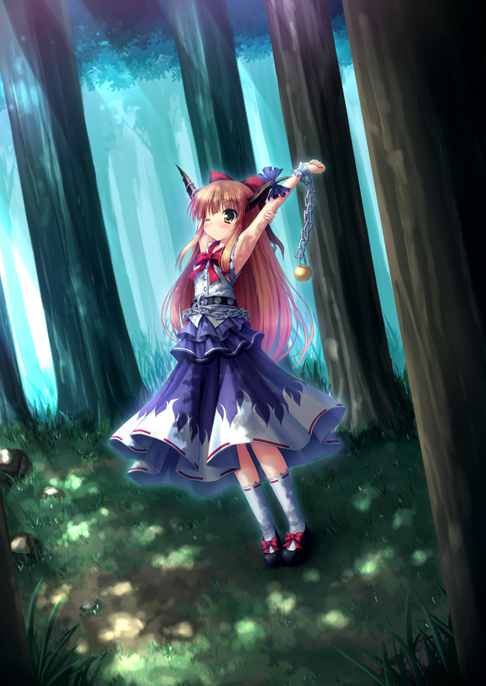arm_hug armpits arms_up belt blonde_hair bow chain chains forest hair_bow horns ibuki_suika long_hair nature orange_hair ribbon solo standing stretch sunbeam sunlight takeponi touhou wink wrist_cuffs yellow_eyes
