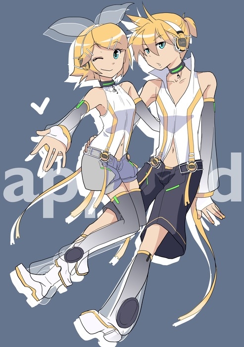 blonde_hair blue_eyes boots choker detached_sleeves hair_bow hairclip headphones hiiro_(kikokico) kagamine_len kagamine_len_(append) kagamine_rin kagamine_rin_(append) len_append nail_polish navel outstretched_arm ponytail popped_collar rin_append short_shorts shorts siblings smile twins vocaloid vocaloid_append wink