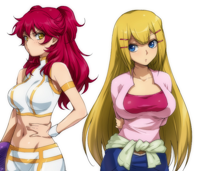 arms_behind_back bare_shoulders blonde_hair breast_envy breasts freckles frown gundam gundam_00 hair_ornament hairclip hairu hand_on_hip hips holding_arm large_breasts long_hair louise_halevy midriff multiple_girls navel nena_trinity pout red_hair redhead simple_background skin_tight staring_at_breasts taut_shirt two_side_up wristband