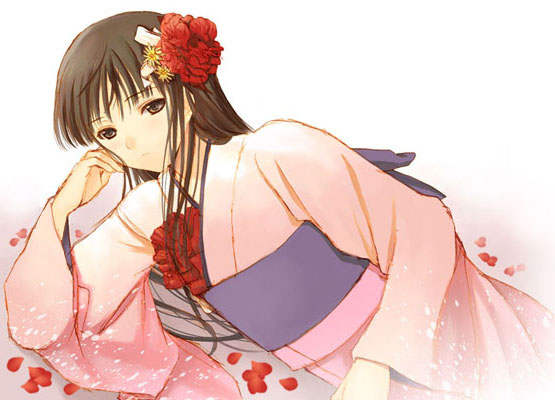 bad_id black_hair hijiri_ruka japanese_clothes kimono long_hair megami_tensei persona persona_4 petals ribbon