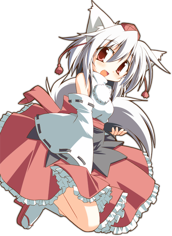 animal_ears bare_shoulders blush breasts detached_sleeves dress fang geta hat inubashiri_momiji open_mouth red_eyes short_hair silver_hair solo suzukishi tail tengu-geta tokin_hat touhou white_hair wolf_ears wolf_tail