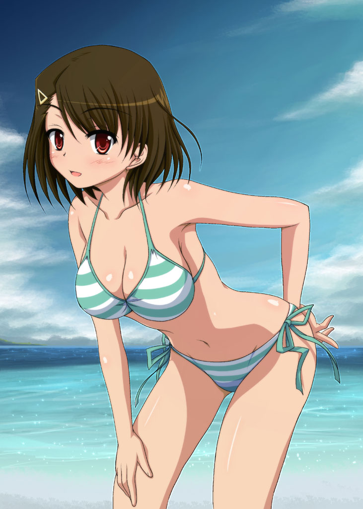 armpits bare_shoulders bikini breasts brown_hair cleavage hair_ornament hajimete_no_aku hand_on_thigh leaning_forward looking_at_viewer navel red_eyes short_hair side-tie_bikini solo striped striped_bikini striped_swimsuit swimsuit vfenster water yamashita_minori