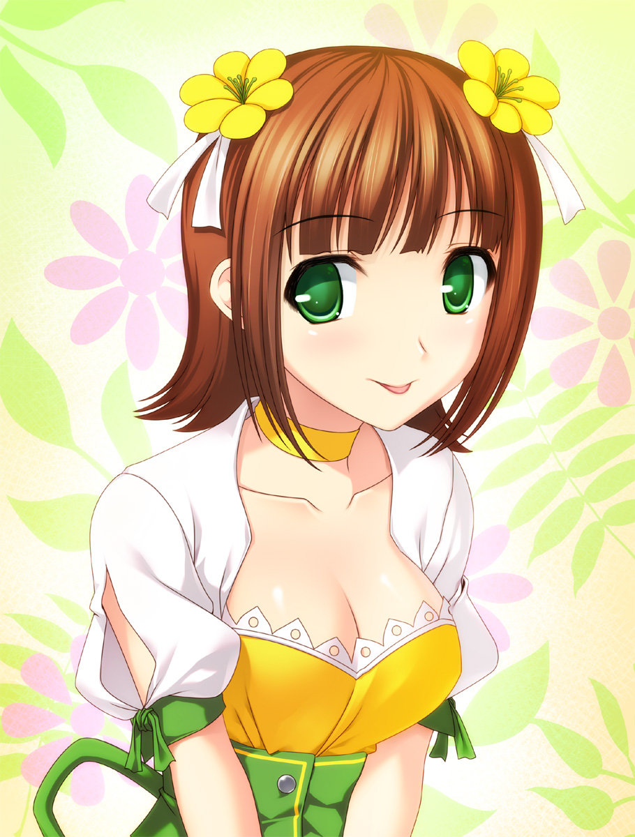 :p amami_haruka bad_id breasts brown_hair choker cleavage flower fujimiya_yuu green_eyes hair_flower hair_ornament highres idolmaster short_hair smile solo tongue