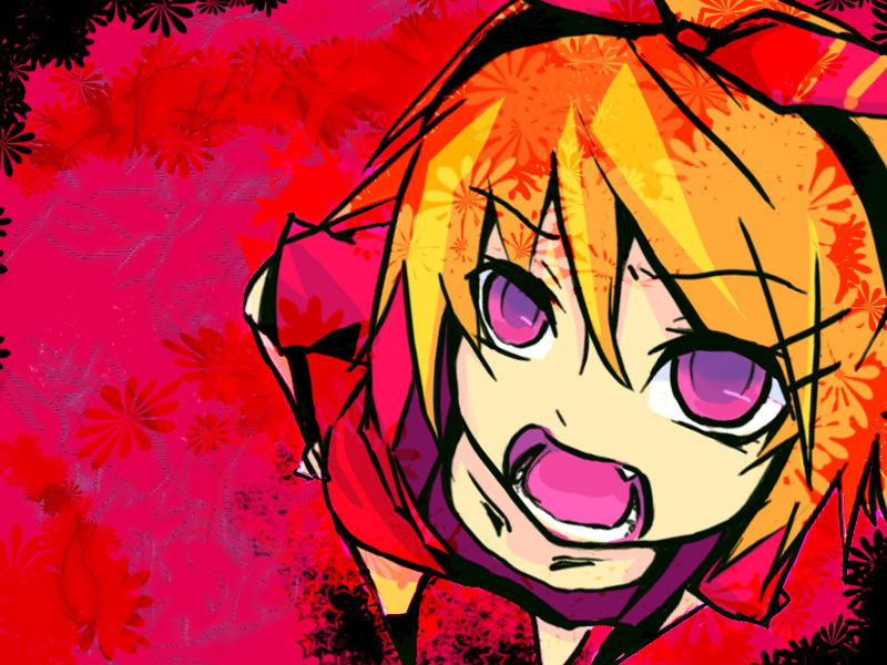 blonde demon_girlfriend_(vocaloid) fang foreshortening from_above kagamine_rin looking_up open_mouth purple_eyes short_hair solo teeth vocaloid