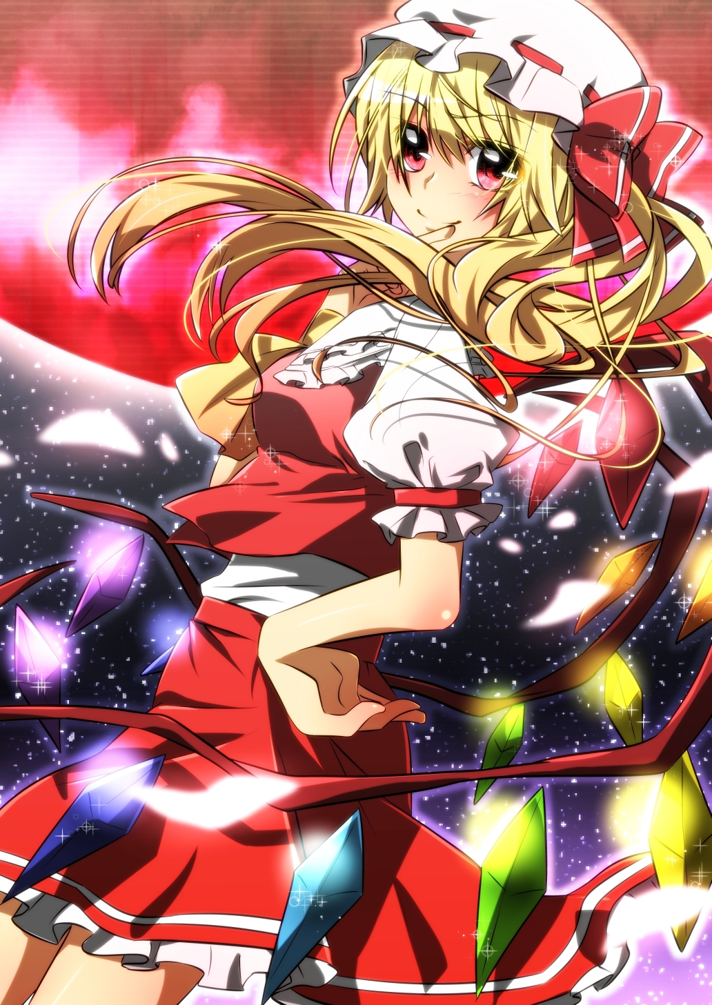 ascot bad_id blonde_hair blush bow breasts flandre_scarlet hat highres long_hair looking_at_viewer moon petals ponytail red_eyes red_moon ribbon sakuragi_ren side_ponytail skirt smile solo the_embodiment_of_scarlet_devil touhou wings