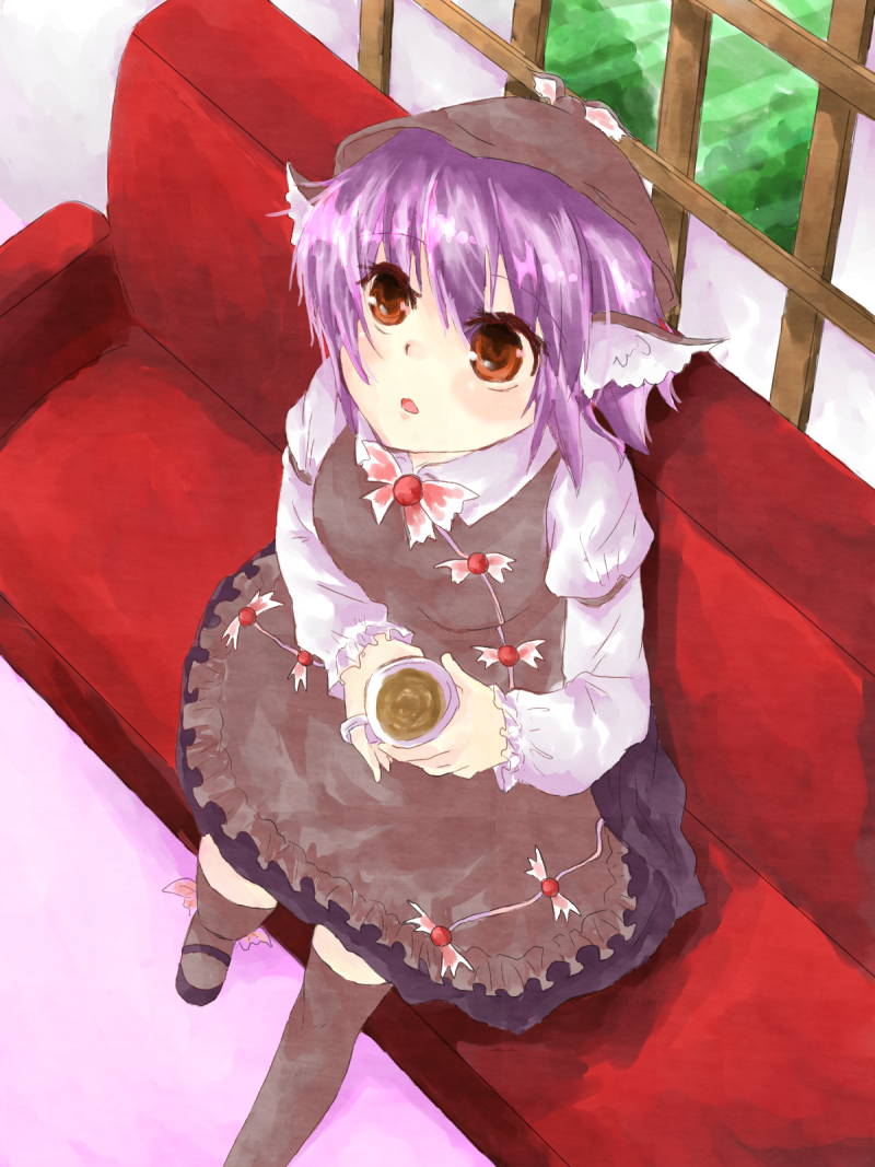 animal_ears couch cup from_above holding kimagure14 looking_up mystia_lorelei orange_eyes pink_hair short_hair shukawa_makoto sitting solo tea teacup touhou window wings