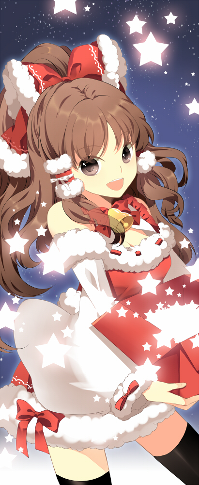 alternate_costume bare_shoulders bell black_legwear black_thighhighs bow breasts brown_eyes brown_hair cleavage detached_sleeves gift hair_bow hakurei_reimu jeminl long_hair miko open_mouth roh_nam_kyung santa_costume solo star thigh-highs thighhighs touhou zettai_ryouiki