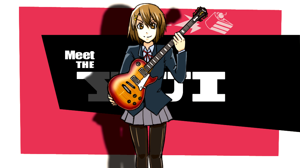 brown_eyes brown_hair cake crossover electric_guitar food guitar hair_ornament hairclip hirasawa_yui instrument k-on! les_paul pantyhose parody school_uniform short_hair skirt smile smirk solo team_fortress_2 the_soldier yamada_marin