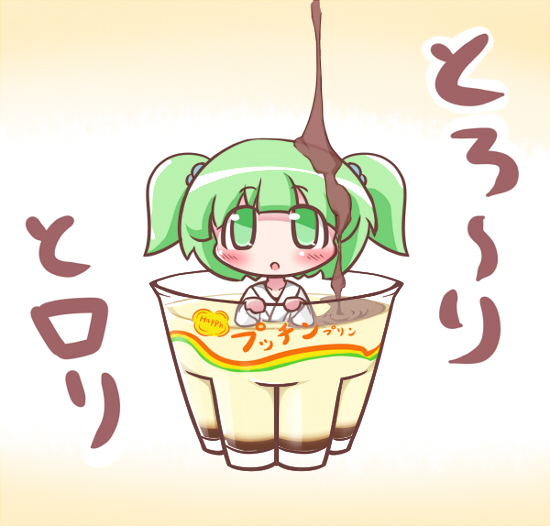 blush bow braid chibi cup girl_in_a_cup green_eyes green_hair hair_bow in_container in_cup japanese_clothes kisume lowres maitora minigirl pudding pun short_hair solo syrup touhou translated twin_braids