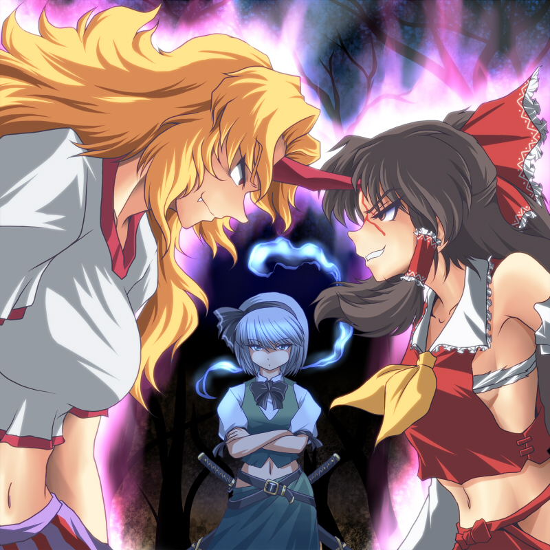 angry aura belly blonde_hair blood blue_eyes bow breasts brown_eyes brown_hair budget_sarashi crossed_arms detached_sleeves fang ghost hair_bow hairband hakurei_reimu horn hoshiguma_yuugi konpaku_youmu konpaku_youmu_(ghost) long_hair midriff miko multiple_girls myon navel red_eyes sarashi short_hair sideboob silver_hair touhou wancozow