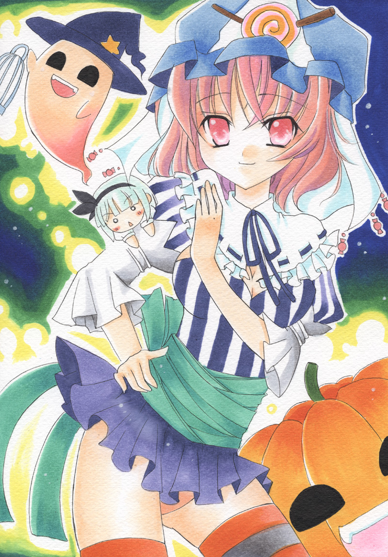 alternate_costume blush character_doll doll ghost halloween hat jack-o'-lantern jack-o'-lantern konpaku_youmu panties pink_eyes pink_hair pumpkin saigyouji_yuyuko short_hair silver_hair skirt striped striped_legwear striped_thighhighs thigh-highs thighhighs touhou traditional_media underwear wakaba_(wakaba)