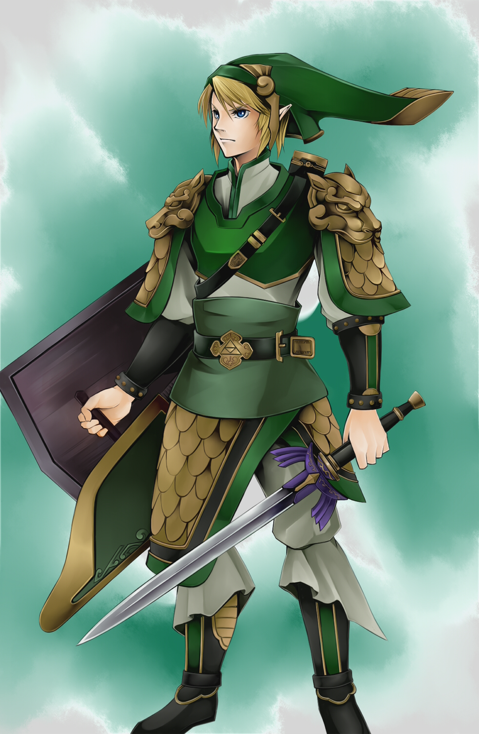 armor blonde_hair blue_eyes hat highres link male master_sword pointy_ears quiver redesign shield sword the_legend_of_zelda weapon yukichi_(artist)
