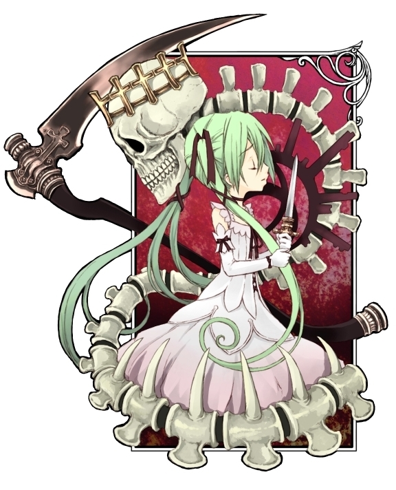 cendrillon_(vocaloid) child closed_eyes crown dress eyes_closed green_hair hair_ribbon hatsune_miku knife kooten_bergh_no_youhei ribbon skull spine twintails vocaloid weapon white_dress young
