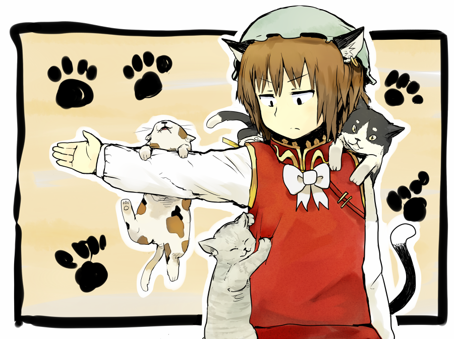 animal_ears brown_hair cat cat_ears cat_on_person cat_tail chen climbing earrings hat jewelry sergei_(artist) short_hair solo tail too_many_cats touhou