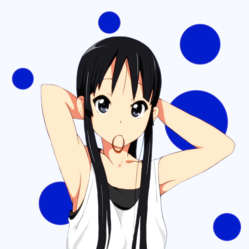 adjusting_hair akiyama_mio armpits bad_id bare_shoulders black_eyes black_hair k-on! kaiman looking_at_viewer mouth_hold ponytail solo tank_top