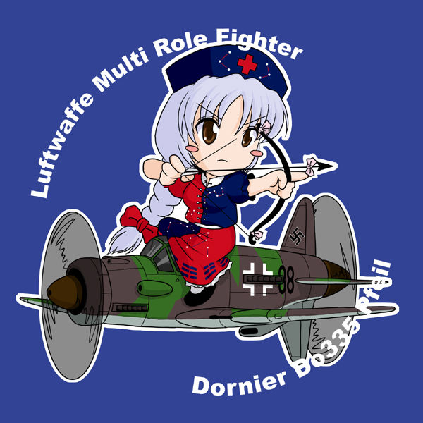 airplane arrow blush_stickers bow_(weapon) braid chibi commentary constellation do_335 hat iron_cross long_hair military nurse_cap ribbon sakurato_tsuguhi silver_hair solo swastika touhou weapon world_war_ii wwii yagokoro_eirin