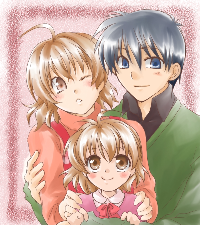 blue_eyes blue_hair brown_eyes brown_hair clannad family furukawa_nagisa husband_and_wife okazaki_tomoya okazaki_ushio short_hair wink yuzuki_ui