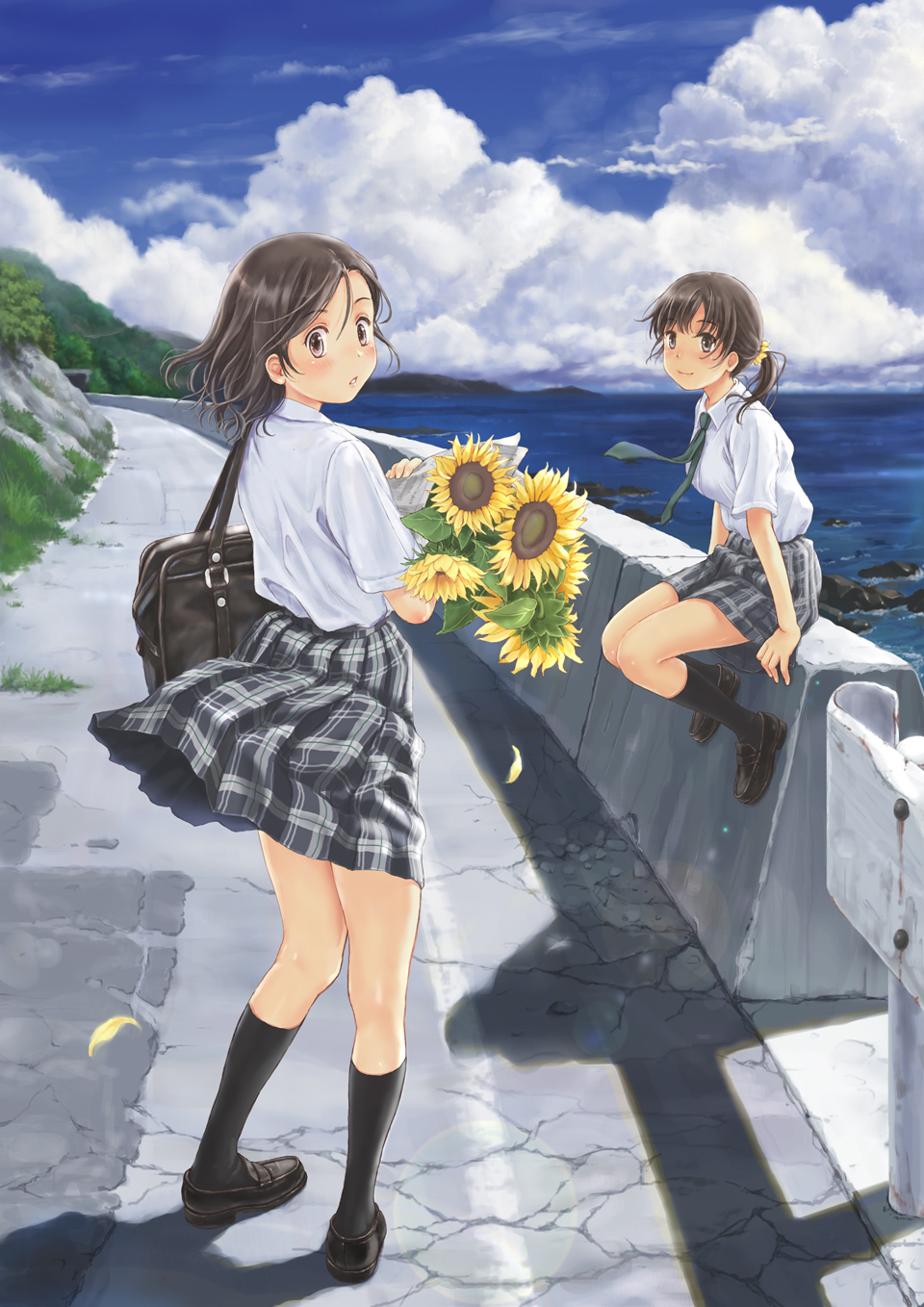 bag black_eyes black_hair blush bouquet cloud clouds face flower highres kneehighs legs loafers looking_back multiple_girls necktie ocean original petals plaid ponytail saimon school_uniform shadow shoes sitting skirt sky smile standing sunflower tartan wind wind_lift