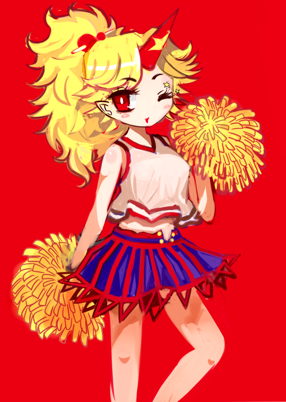 alternate_hairstyle amii cheerleader horn hoshiguma_yuugi oni pom_pom pom_poms red_eyes solo touhou wink