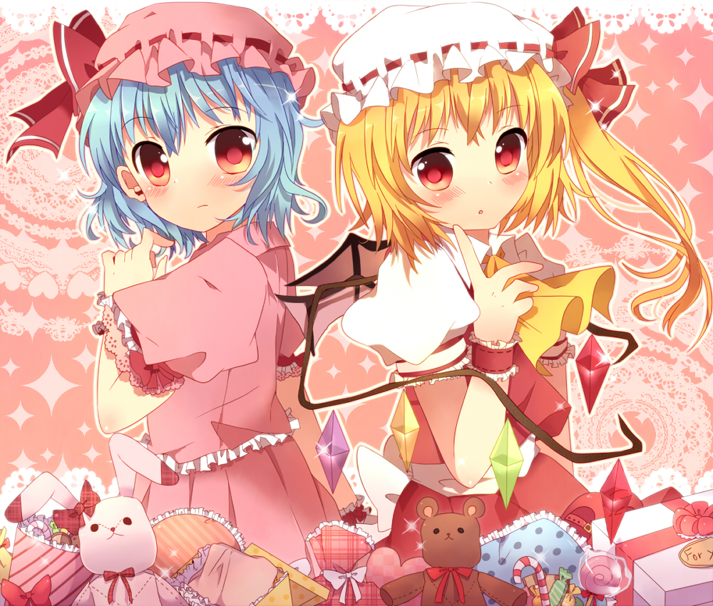 ao_ringo ascot back-to-back blonde_hair blue_hair blush candy flandre_scarlet hat multiple_girls pillow red_eyes remilia_scarlet siblings side_ponytail sisters stuffed_animal stuffed_toy teddy_bear touhou wings