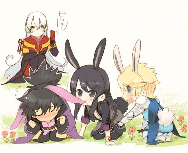 animal_ears armor black_eyes black_hair blonde_hair blue_eyes bunny_ears duke_pantarei flynn_scifo kneeling long_hair male multiple_boys ponytail raven raven_(tov) tales_of_(series) tales_of_vesperia white_hair yuri_lowell