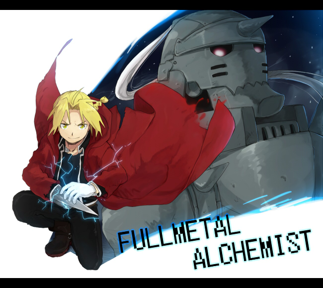 ahoge armor bad_id blade blonde_hair boots braid brothers coat edward_elric electricity energy fullmetal_alchemist gloves open_clothes open_coat ponytail prosthesis riru siblings smile squatting weapon white_gloves yellow_eyes