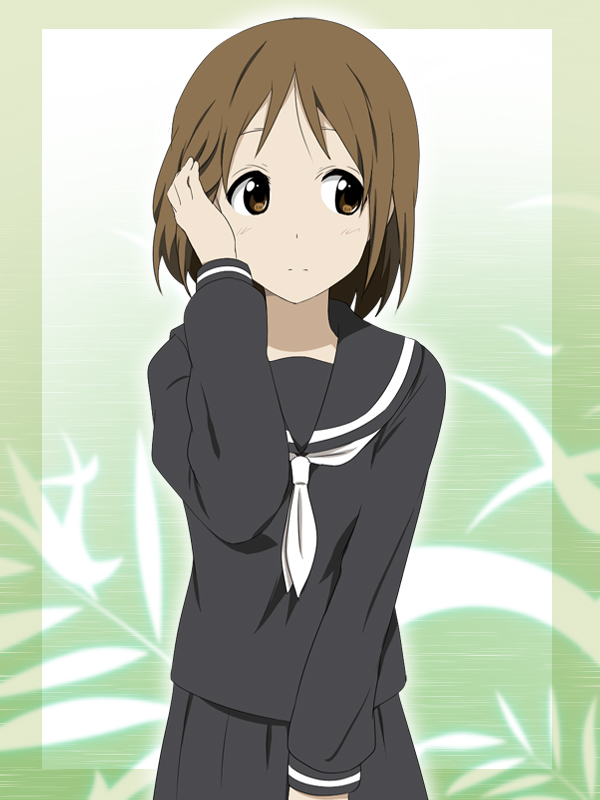 alternate_hairstyle blush brown_eyes brown_hair fixing_hair hair_down hirasawa_ui hirasawa_yui ikari_manatsu k-on! school_uniform serafuku short_hair skirt solo