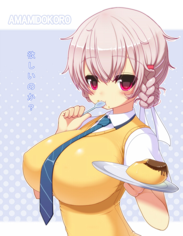 bangs blush braid breasts eating food hair_ornament hair_ribbon huge_breasts impossible_clothes impossible_clothing impossible_shirt koiwa_amami necktie pink_hair plate pudding red_eyes ribbon shirt short_hair shuz_(dodidu) simple_background spoon translated translation_request
