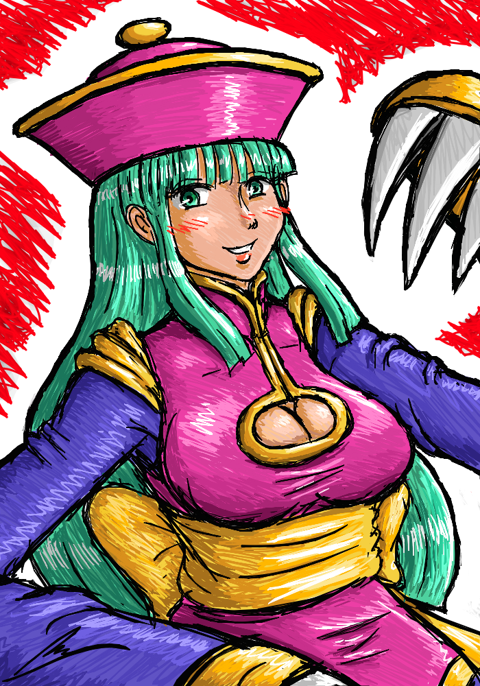 1girl blush borockman breasts chinese_clothes claws cleavage cleavage_cutout cosplay green_eyes green_hair hat large_breasts lei_lei lei_lei_(cosplay) long_hair morrigan_aensland sash smile solo vampire_(game)