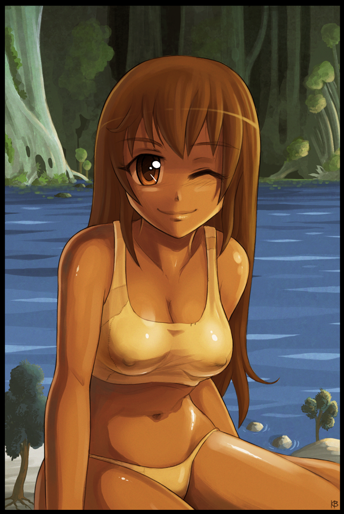 1girl bikini breasts brown_eyes brown_hair character_request cleavage dark_skin erect_nipples felarya female giantess karbo milly_(karbo) navel river smile solo swimsuit tree water wink