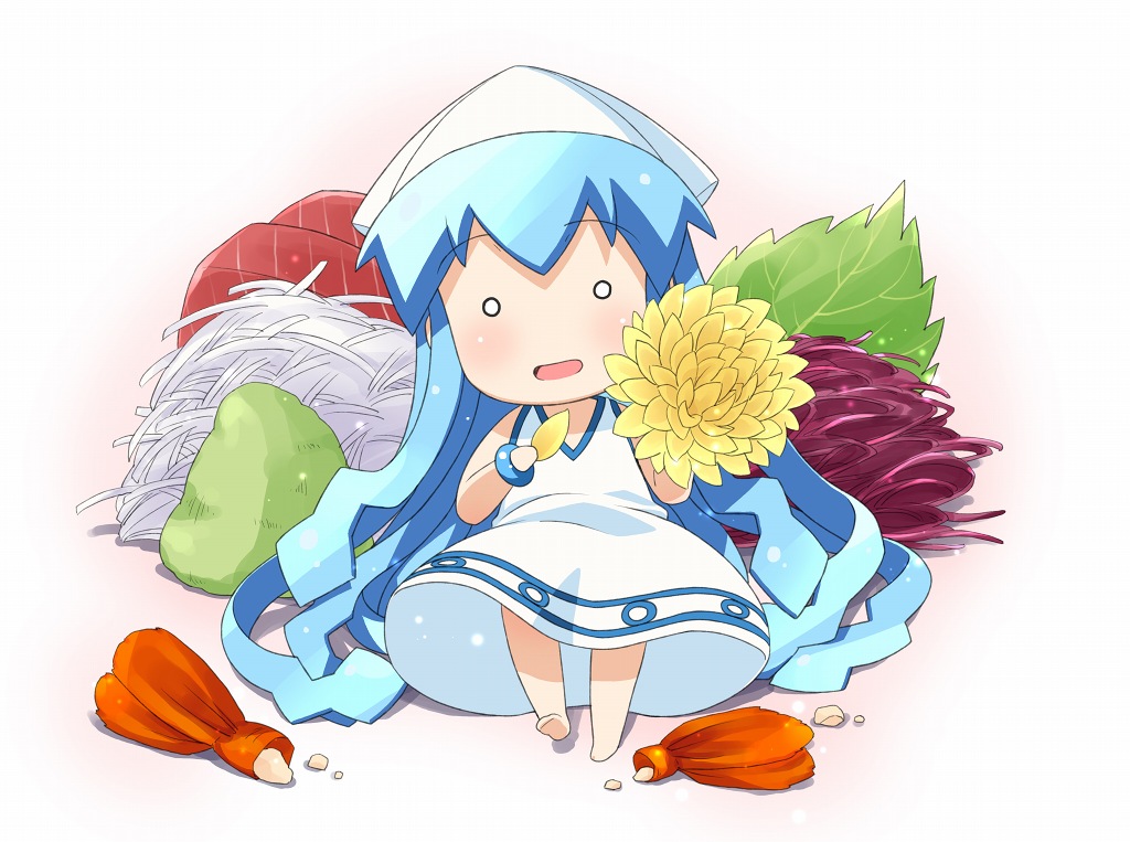 barefoot blue_eyes blue_hair chibi dress flower food hat hiro_hiroki ikamusume long_hair mini-ikamusume minigirl o_o sashimi shinryaku!_ikamusume solo wasabi