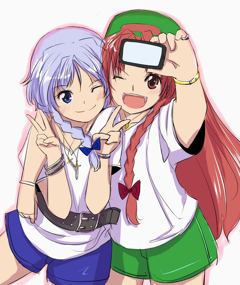 :d braid camera contemporary face gustav_(telomere_na) gusutafu hong_meiling izayoi_sakuya jewelry knife long_hair multiple_girls necklace open_mouth red_eyes red_hair redhead short_hair shorts silver_hair smile touhou twin_braids v wink