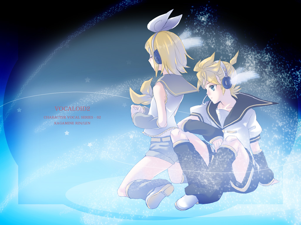 blonde_hair detached_sleeves hair_ribbon headphones kagamine_len kagamine_rin ribbon shorts twins vocaloid