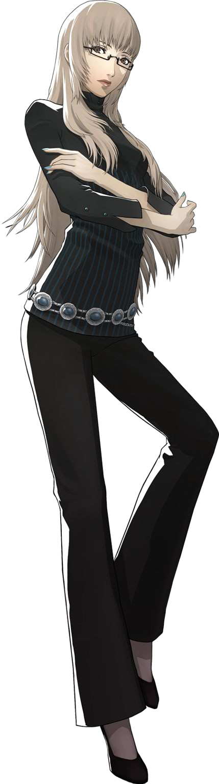 belly_chain brown_eyes brown_hair catherine_(game) female full-body glasses high-heels high_heels highres katherine_(catherine) katherine_mcbride long_hair nail_polish official_art pants simple_background soejima_shigenori solo standing sweater transparent_background upright white_background