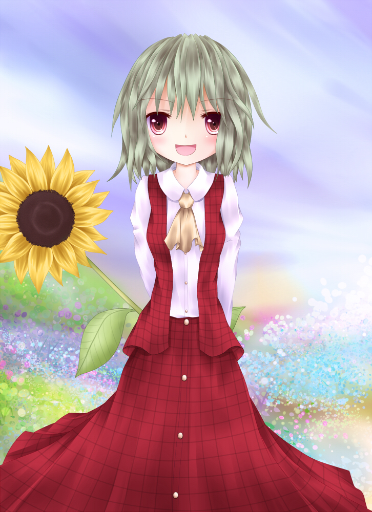 :d ascot bad_id flower fromage_tart furomaaju_(fromage) green_hair kazami_yuuka long_skirt open_mouth plaid plaid_skirt plaid_vest red_eyes short_hair skirt skirt_set smile solo sunflower tartan touhou youkai