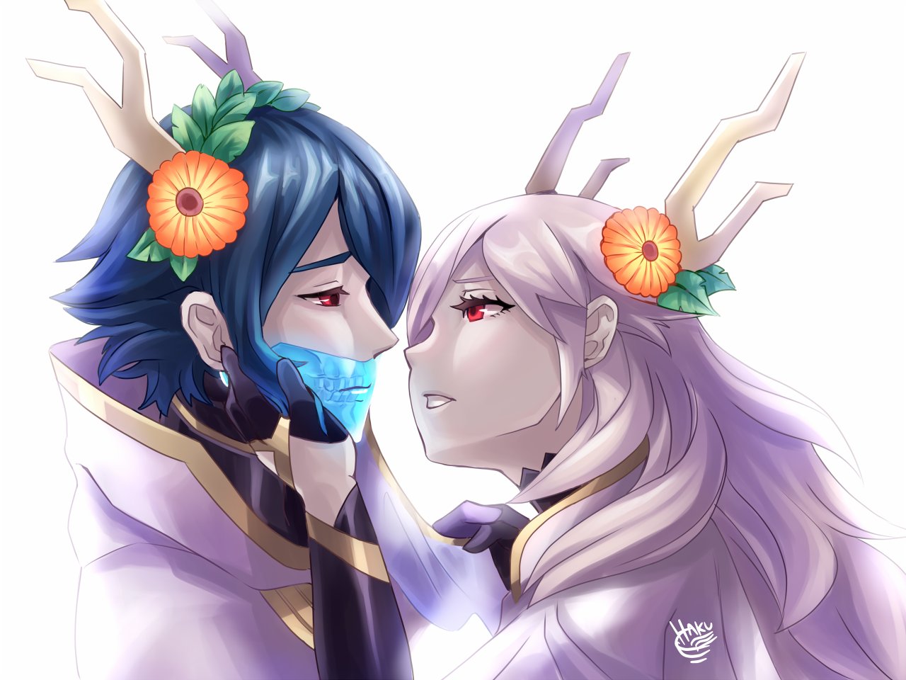 1boy 1girl blue_hair blush cape elbow_gloves english_commentary fake_horns fire_emblem fire_emblem_heroes flower gloves gold_trim hair_flower hair_ornament hakuramen hand_on_another's_cheek hand_on_another's_face horns imminent_kiss lace_veil leaf_hair_ornament lif_(fire_emblem) long_hair looking_at_another official_alternate_costume open_mouth red_eyes see-through short_hair signature simple_background skull tareme thrasir_(fire_emblem) upper_body veil_removed watermark white_background white_cape white_hair