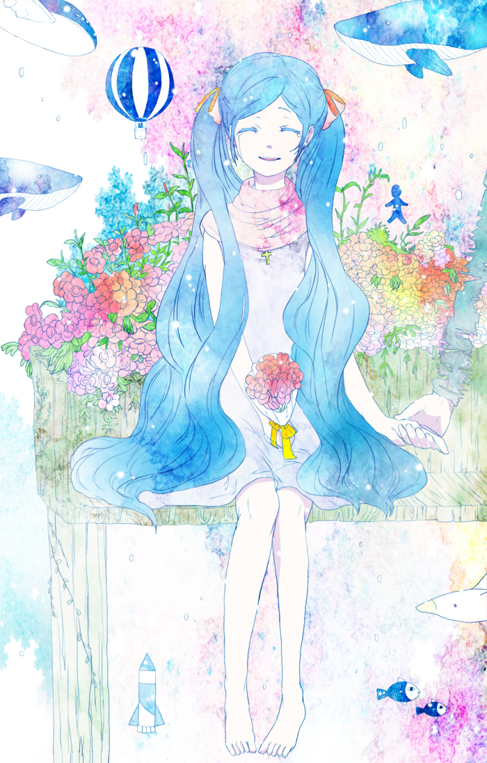 bad_id blue_eyes blue_hair bouquet bow christmas_morgue_(vocaloid) closed_eyes cross dress eyes_closed fish flower hair_bow hair_ribbon hand_holding hatsune_miku holding_hands hot_air_balloon koto2 long_hair ribbon sitting smile solo tears twintails vocaloid whale