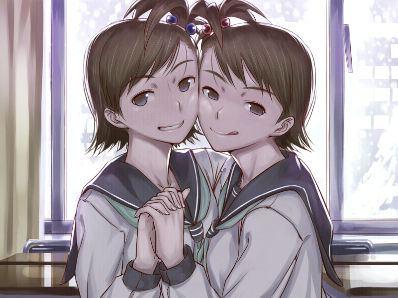 2girls :q aerodog cheek-to-cheek cheek_to_cheek face futami_ami futami_mami grin hair_bobbles hands_clasped holding_hands idolmaster interlocked_fingers inu_(aerodog) lips multiple_girls school_uniform siblings side_ponytail sisters smile tongue twins