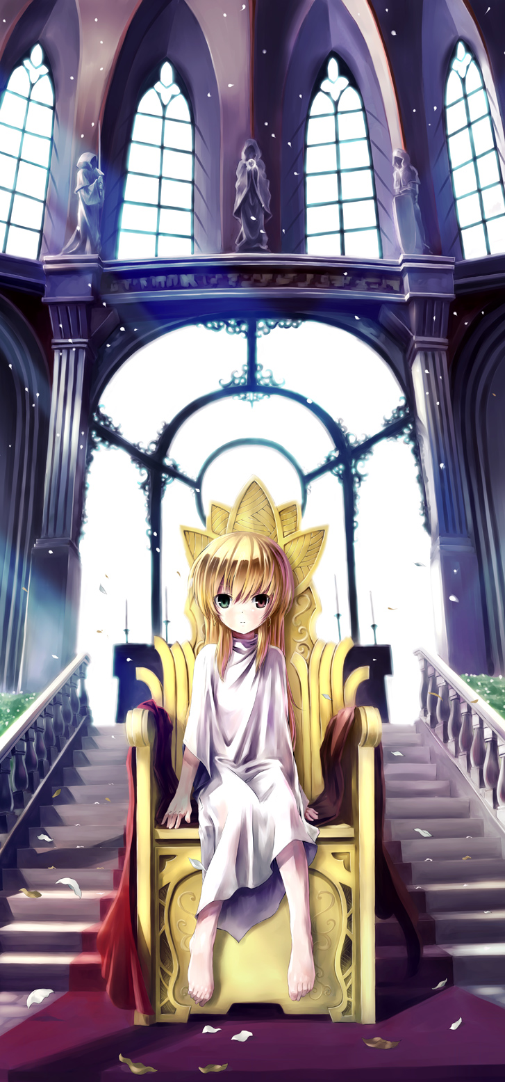 blonde_hair green_eyes hair_down heterochromia highres leaf long_hair lyrical_nanoha mahou_shoujo_lyrical_nanoha mahou_shoujo_lyrical_nanoha_strikers petals red_eyes sitting solo stairs statue throne vivio window yone