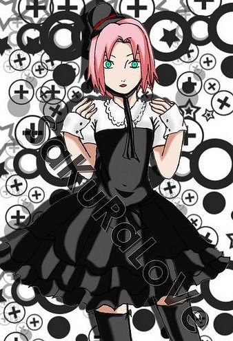 alternate_costume arms_up black_clothing black_dress black_thighhighs blue_eyes dress female haruno_sakura hat looking_at_viewer naruto open_mouth pink_hair short_hair solo text thigh-highs