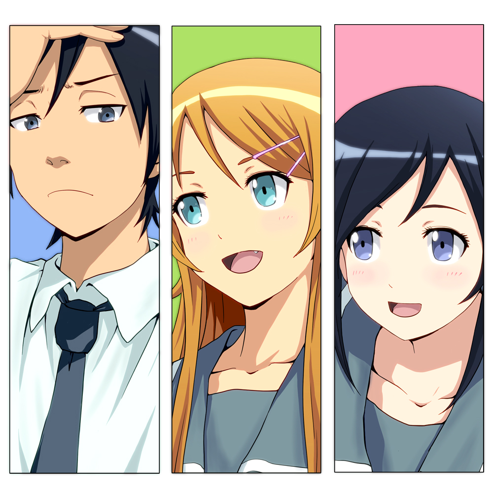 aragaki_ayase black_hair blue_eyes blue_hair blush column_lineup face fang hair_ornament hairclip kousaka_kirino kousaka_kyousuke long_hair necktie no10 open_mouth orange_hair ore_no_imouto_ga_konna_ni_kawaii_wake_ga_nai smile